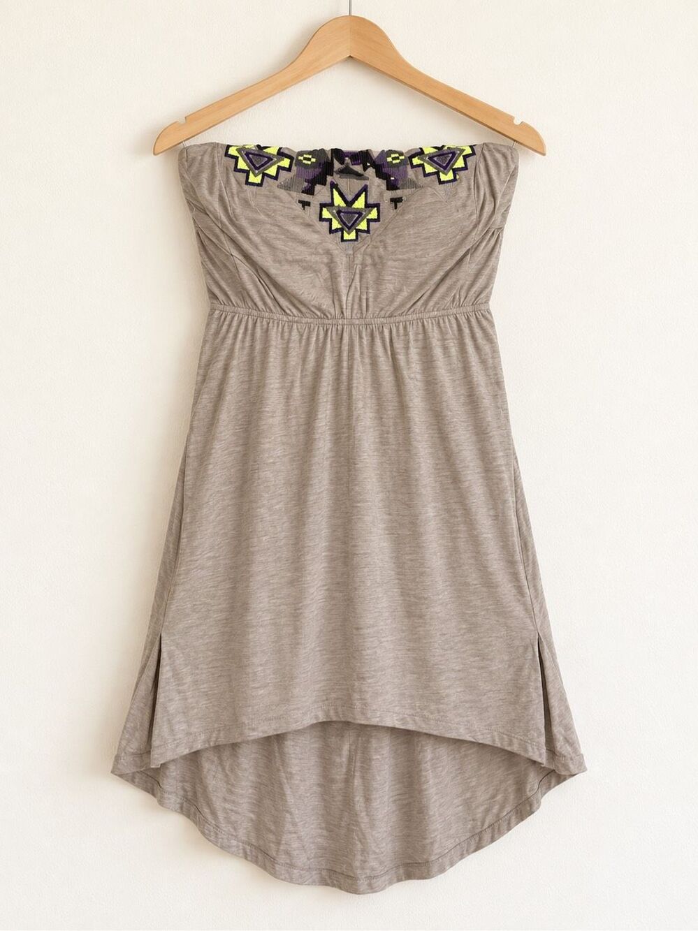 Express Taupe Strapless Embroidered High Low Tunic Dress Size Large D3